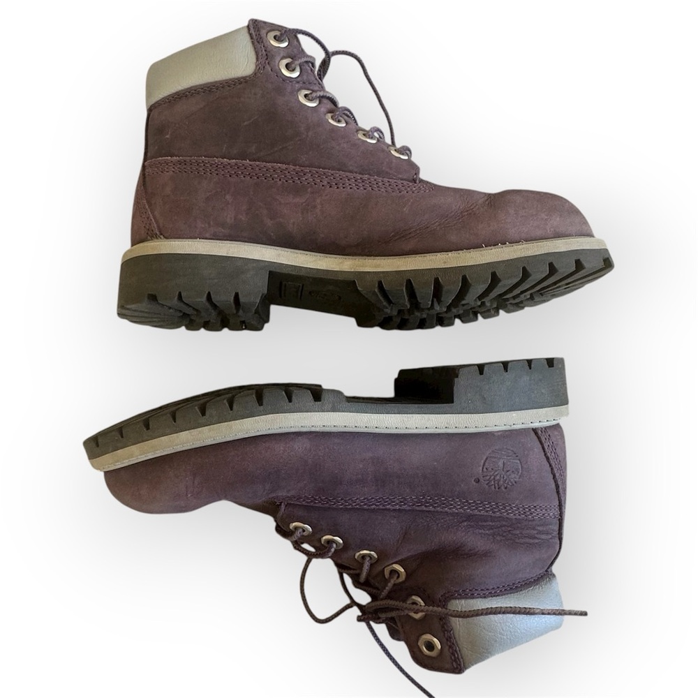 Timberland 6 Inch Premium Waterproof Boots Burgundy with Gray Collar Kids Size 1 - Picture 6 of 10